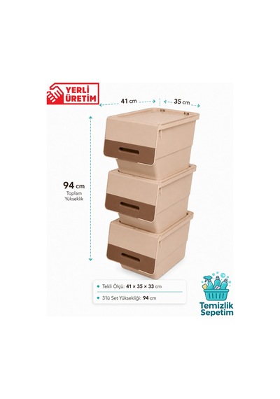 3 Katlı Tekerlekli Kapaklı Saklama Kutusu, Eşya Ve Erzak Organizer 3x12 Litre Kahverengi Bej Bej