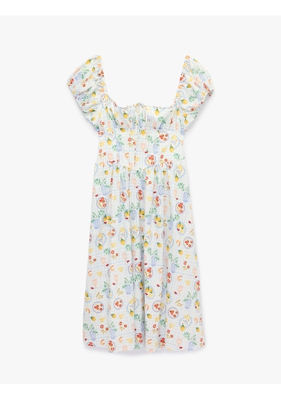 Koton Koton X Şahika Ercümen - Amalfi Temalı Limon Baskılı Kareli Kısa Balon Kollu Omzu Açık Poplin Midi Elbise Mavi Desenli 6sak80280ew