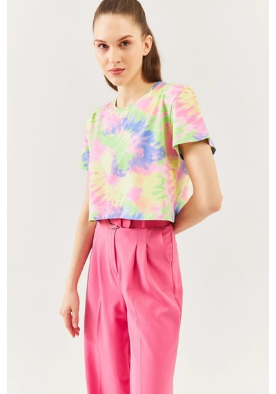 Kadın Oversize Rahat %100 Pamuklu Penye Bisiklet Yaka Kısa Kol Basic Crop T-shirt Batik Gökkuşağı