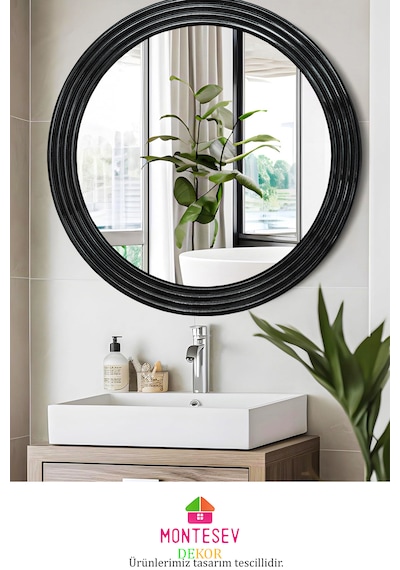 Zümrüt Ahşap Siyah Yuvarlak Ayna Işlemeli Duvar Banyo Aynası 56cm