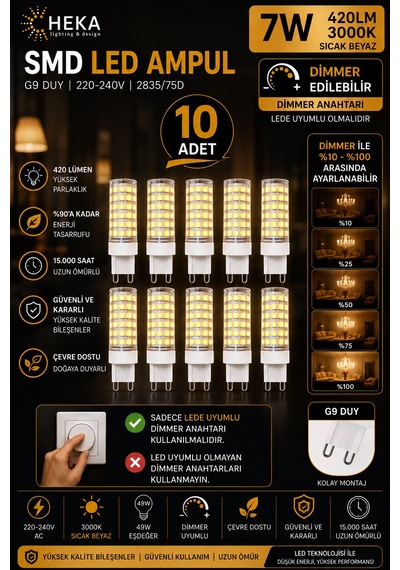 10 Adet Heka 7w Günışığı 3000k G9 Duylu Dim Edilebilir Led Kapsül Ampul