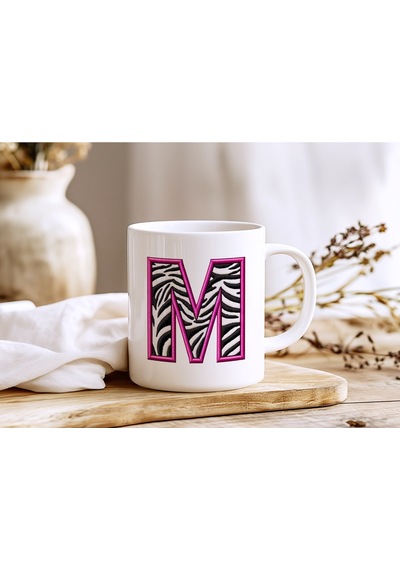 M Harfi Zebra Deseni Ve Pembe Kenarlı Kupa Bardak - Kişiye Özel Nakış Efektli - Siyah Beyaz Pembe Beyaz