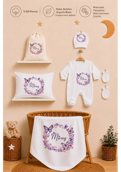 Pia Baby İsme Özel %100 Pamuk Kız Bebek Yastık Battaniyeli Tulum Set Kese Hediyeli 1090tybk3x Krem