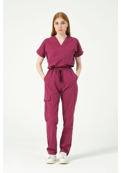 Vişne Likralı Scrubs Kargo Cep Doktor Hemşire Forması Yarasa Kol Takım Unisex