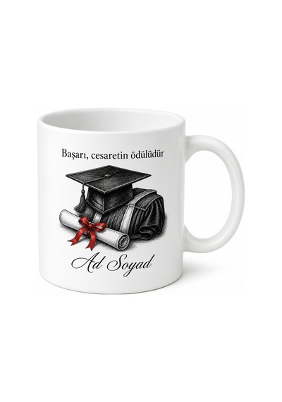 Mezuniyet Hediyesi Kep Cübbe Tasarımlı Kişiye Özel Baskılı Kupa Bardak Hediye Beyaz / Çok Renkli