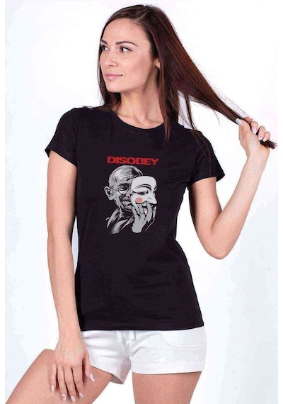 For Vendetta Dısobey Metal Baskılı Siyah Kadın Tshirt