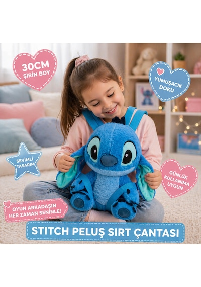 30 Cm Stitch Peluş Sırt Çantası Yumuşacık Peluş Çanta Sevimli Tasarım Günlük Ve Hediye Mavi Çok Renkli