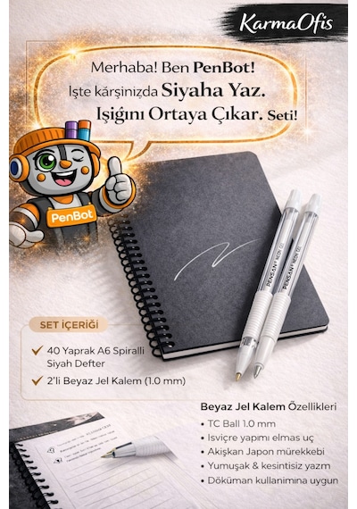 Siyah Sayfalı A6 Defter + 2 Li Beyaz Jel Kalem Seti Premium Yazım Deneyimi Siyah