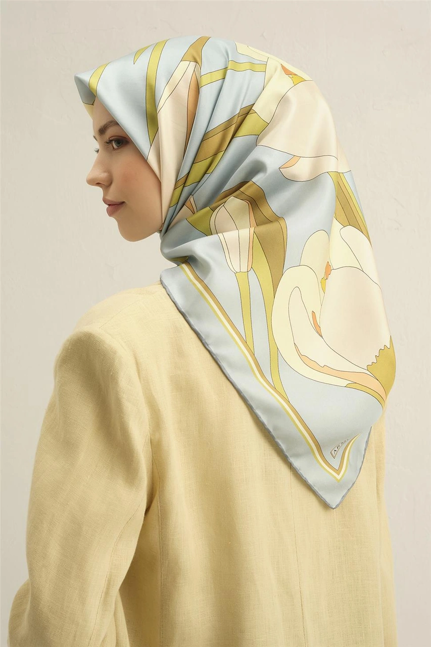 Armine Çiçek Desenli Saf İpek Twill Eşarp 9302d 01 Mavi