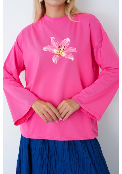 Medinenur Kadın Lily Çiçeğ Baskılı Uzun Kollu Oversize Body Pembe