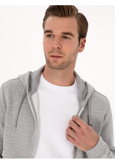 Gri Melanj Regular Fit Pamuk Karışımlı Tam Fermuarlı Sweatshirt