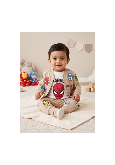 Deniva Kids Erkek Bebek Bej Fermuarlı Hırka Tshirt Ve Eşofman Altı 3'lü Takım