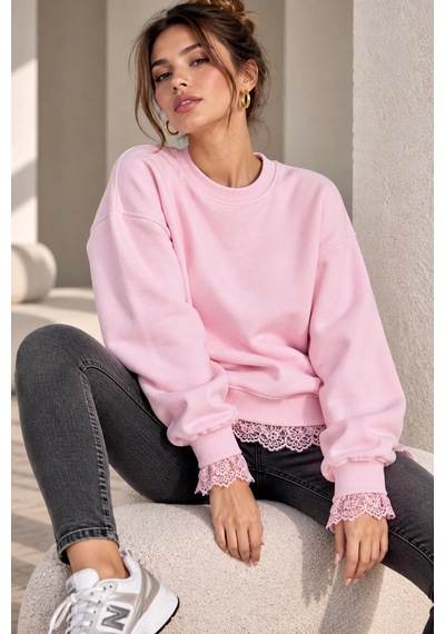 Bb Butik Basic Dantel Detaylı 3 İplik Şardonlu Kadın Sweatshirt My3535 Pembe