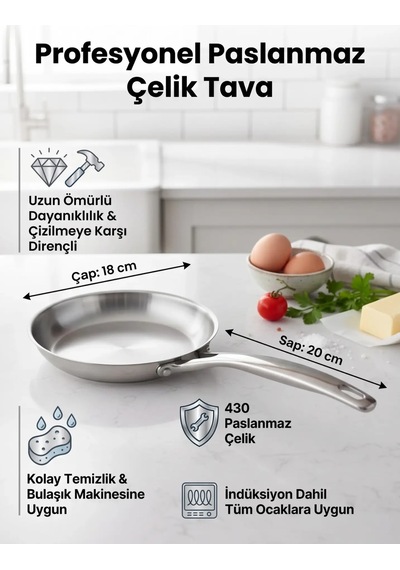 Defonte Paslanmaz Çelik Tava 18 Cm İndüksiyonlu Ve Tüm Ocaklar İçin Metalik