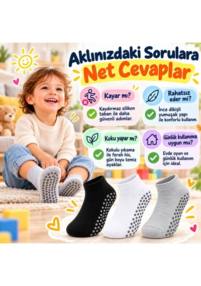 Woman And Kids Wak Çocuk Kaydırmaz Tabanlı Patik Çorap 3'lü Set Siyah Beyaz Gri Yumuşak Esnek Kokulu Günlük Çorap Rahat Çok Renkli