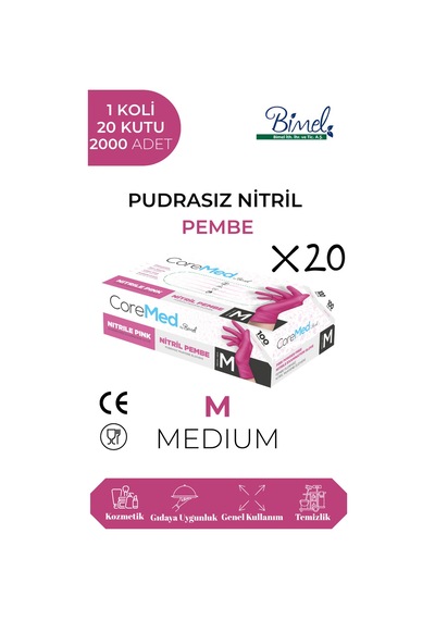 Nitril Pembe Pudrasız Muayene Eldiveni M - 1 Koli-20 Paket-2000'li