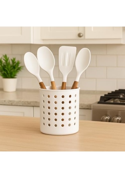 Beyaz Kaşıklık Beyaz Silindir Plastik Kaşıklık Modern Delikli Tasarım, Hava Geçişli Dayanıklı Mutfak Düzenleyici Kaşıklık Diğer