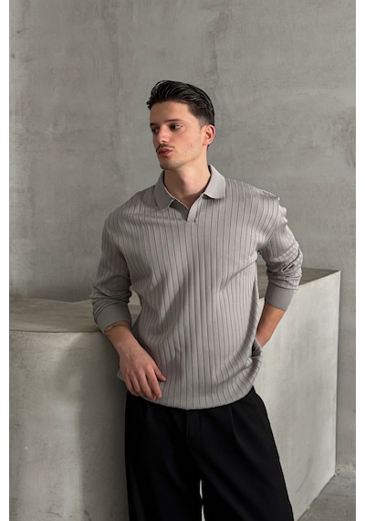 Erkek Polo Yaka Fitilli Oversize Triko Kazak Gri