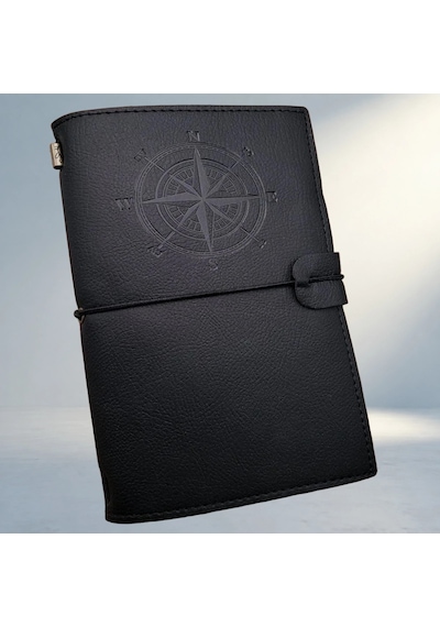 Ergonomik Pusula Baskılı Siyah Deri Defter 103 Ivory