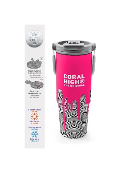 Coral High Kids Pembe Siyah Beyaz Desenli Pipetli Ve Direkt İçim Çelik Termos 900 Ml 38718 Çok Renkli