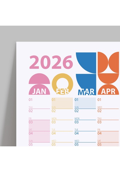 2026 Bauhaus Duvar Takvimi Modern Renkli Minimal Yıllık Planlayıcı