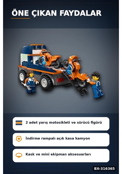 Motosiklet Taşıyıcı Kamyon Yapım Seti 88 Parça 2 Figürlü 4 Yaş Üzeri Çocuk Oyuncağı Bx-316365