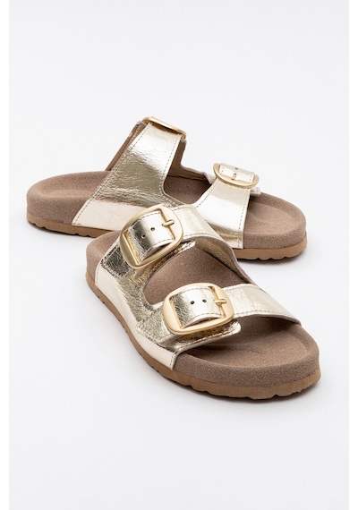 Luvishoes Luvi Shoes Ovesta Altın Hakiki Deri Çift Bantlı Kadın Terlik Altın
