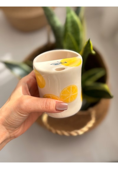 El Yapımı Limon Desenli Seramik Seyahat Kupası Beyaz - Sarı