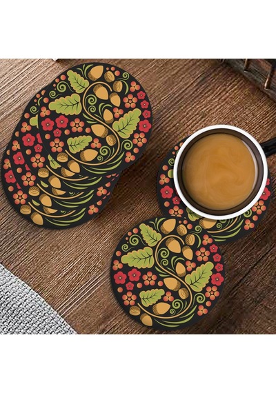 Valerine Life Fındık Desenli Yıkanabilir Kaydırmaz Ofis Çay Ve Fincan Bardak Altlığı 10x10cm 6 Adet Siyah