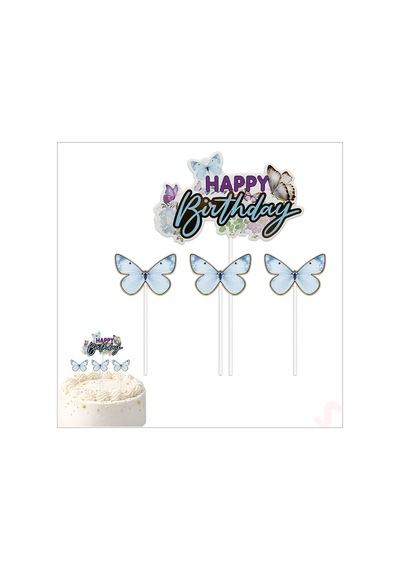 Kelebekli Happy Birthday Pasta Süsü 4 Lü Set - Mavi