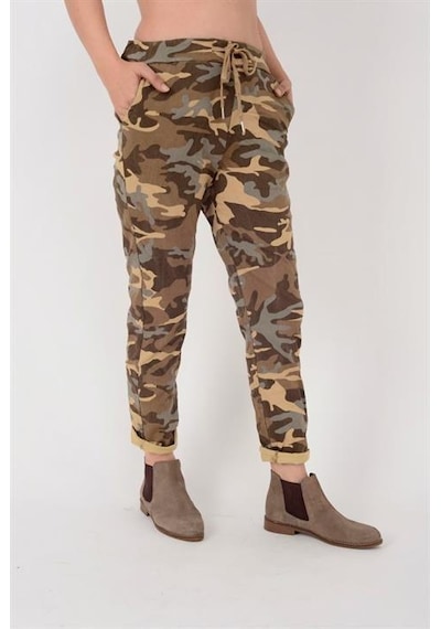 Eren Style Italyan Beli Bağlamalı Kamuflaj Desenli Dar Paça Pantolon-9078 Camel