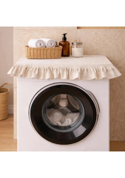 Fırfırlı Çamaşır Makinesi Örtüsü - Çeyizlik Dekoratif Banyo Makine Kılıfı- Krem