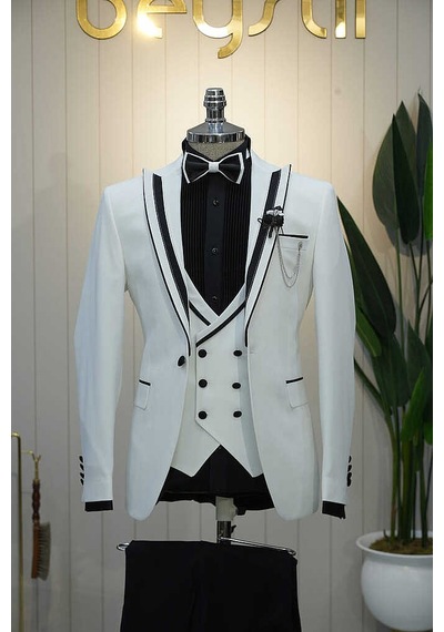 Bys Beystil Erkek Beyaz Slimfit Yelekli Damatlık & Smokin 8601