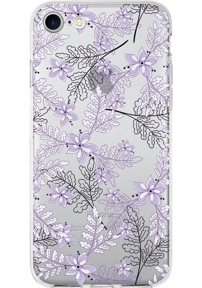 Apple Uyumlu iPhone 8  Kapak Floral Lila Tasarımlı Şeffaf Silikon Kılıf