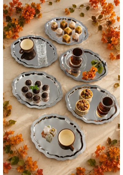 Jasper Elora 6'lı Paslanmaz Çelik Oval Kahve Sunum Tepsisi Servis Çay Tepsisi Dekoratif Tepsi Sunum Tepsi Gümüş