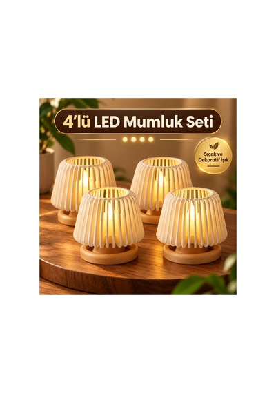 4 Lü Dekoratif Led Tealight Mumluk Seti - Masaüstü Aydınlatma - Pilli Mumlar Dahil Açık