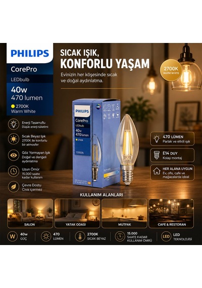Philips Corepro Led Filament Rustik Ampul 4.3w E14 - 2700k, 470 Lümen, Cam Gövde, Kod 347267 00- 10'li Paket Diğer
