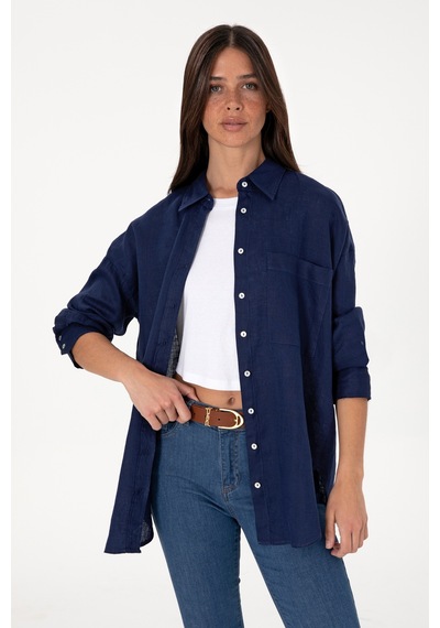 U.S. Polo Assn. Kadın Lacivert Uzun Kollu Keten Tunik Gömlek 50299794-VR033