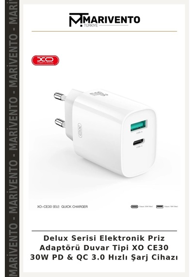 Delux Serisi Elektronik Priz Adaptörü Duvar Tipi Xo Ce30 30w Pd & Qc 3.0 Hızlı Şarj Cihazı