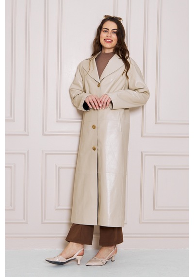 M M Marki Marki Kadın Hakiki Deri Trençkot Bej, V Yaka, Kuşaklı, Düğme Kapamalı, Oversize, 120 Cm - 117222