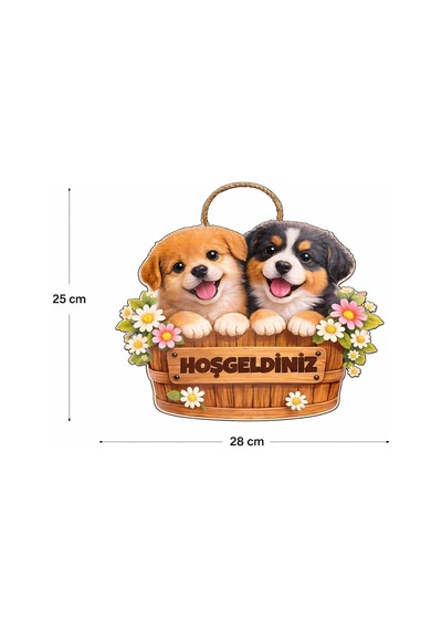 28-25 Cm Hoş Geldin Köpek Çiçek Dekorlu Ahşap Kapı Süsü, Kapı Bahçe Önü Süsü 1