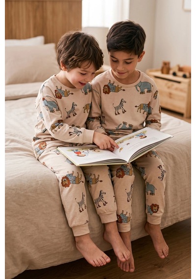 Zuzunga Sevimli Animal Aslan-zebra-fil Desenli Erkek Pijama Takımı Bej