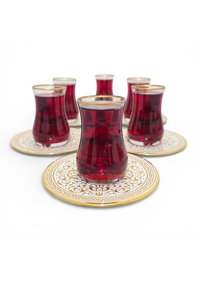 Sudedi Home Altın Yaldızlı Osmanlı Desenli 6 Lı Çay Bardağı Ve Tabak Seti Renkli