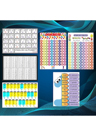 6'lı Eğitici Set 35x50 Cm Bristol Baskı Alfabe, Ritmik Sayma, Yüzlük Sayma, İngilizce Alfabe, Çarpım Tablosu, Zaman Tablosu 7