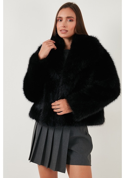 Lela Oversize Fit Gömlek Yaka Cepli Astarlı  Mont Bayan Kürk 497Berry Siyah