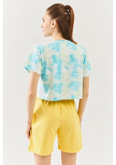 Kadın Oversize Rahat %100 Pamuklu Penye Bisiklet Yaka Kısa Kol Basic Crop T-shirt Batik Doğa