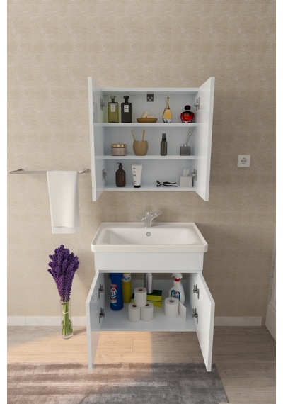 Tokyo 65 Cm Banyo Dolabı Takımı Aynalı Mdf Gövde Seramik Lavabolu