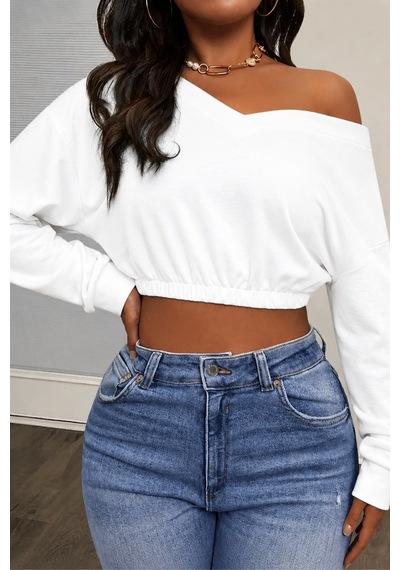 Tarz Cool Kadın Omuz Dekolteli Lastikli Crop Sweatshirt %100 Pamuk Beyaz