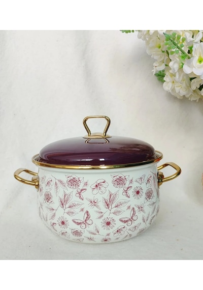 22 Cm Lila Vintage Çiçek Emaye Tencere 3,75 Litre Süt Yoğurt Güveç Tenceresi Lila