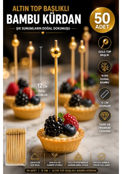 50 Li Altın Top Başlıklı 12 Cm Bambu Kürdan Seti Kokteyl, Tatlı Ve Davet Sunumları İçin Şık Seçim